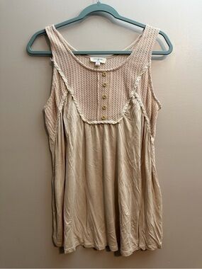 Umgee Beige Textured Yoke Sleeveless Tank with Button Trim